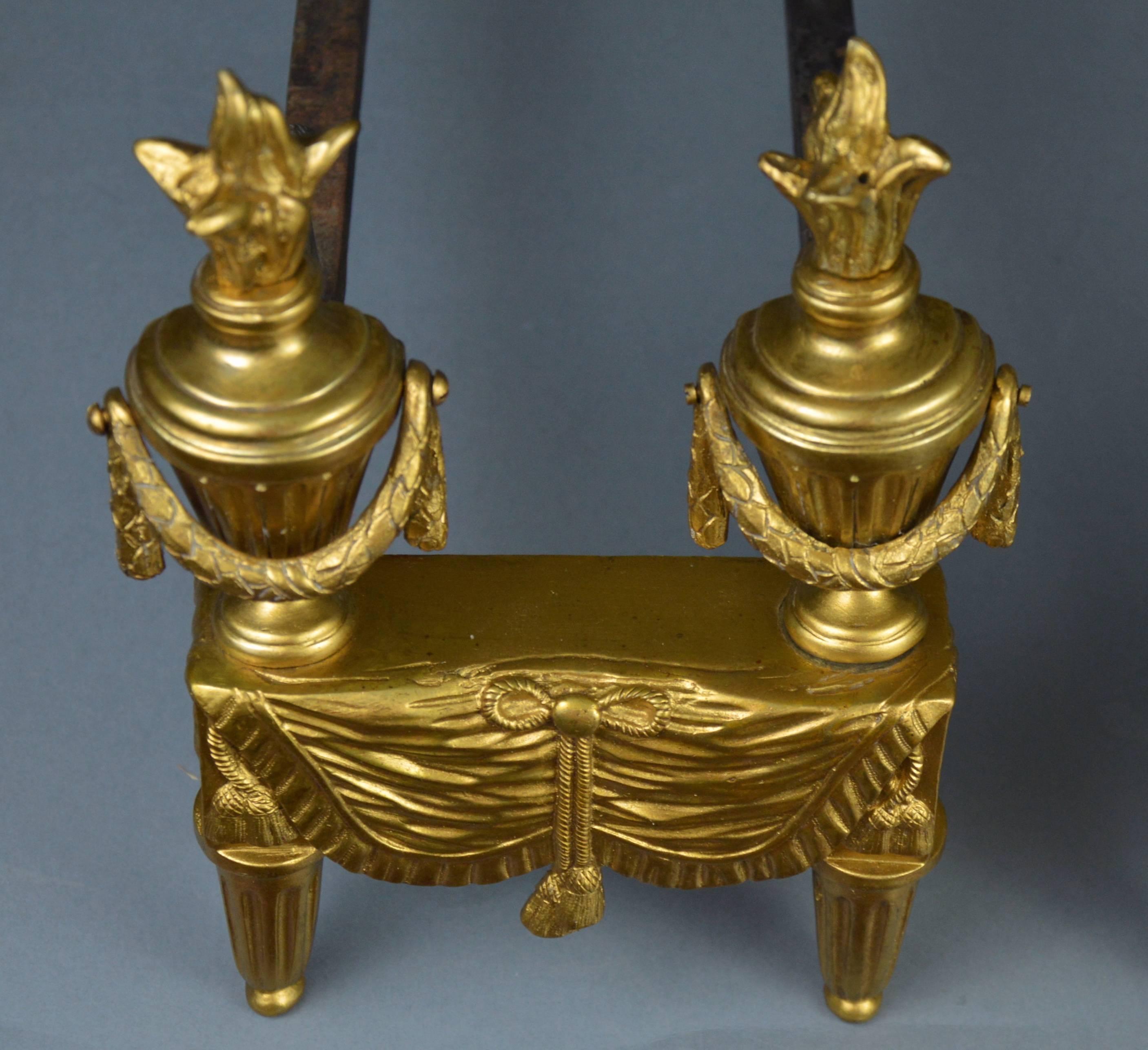 Pair of Antique French Gilt Bronze Andirons in a Style of Louis XVI 19th Century 1