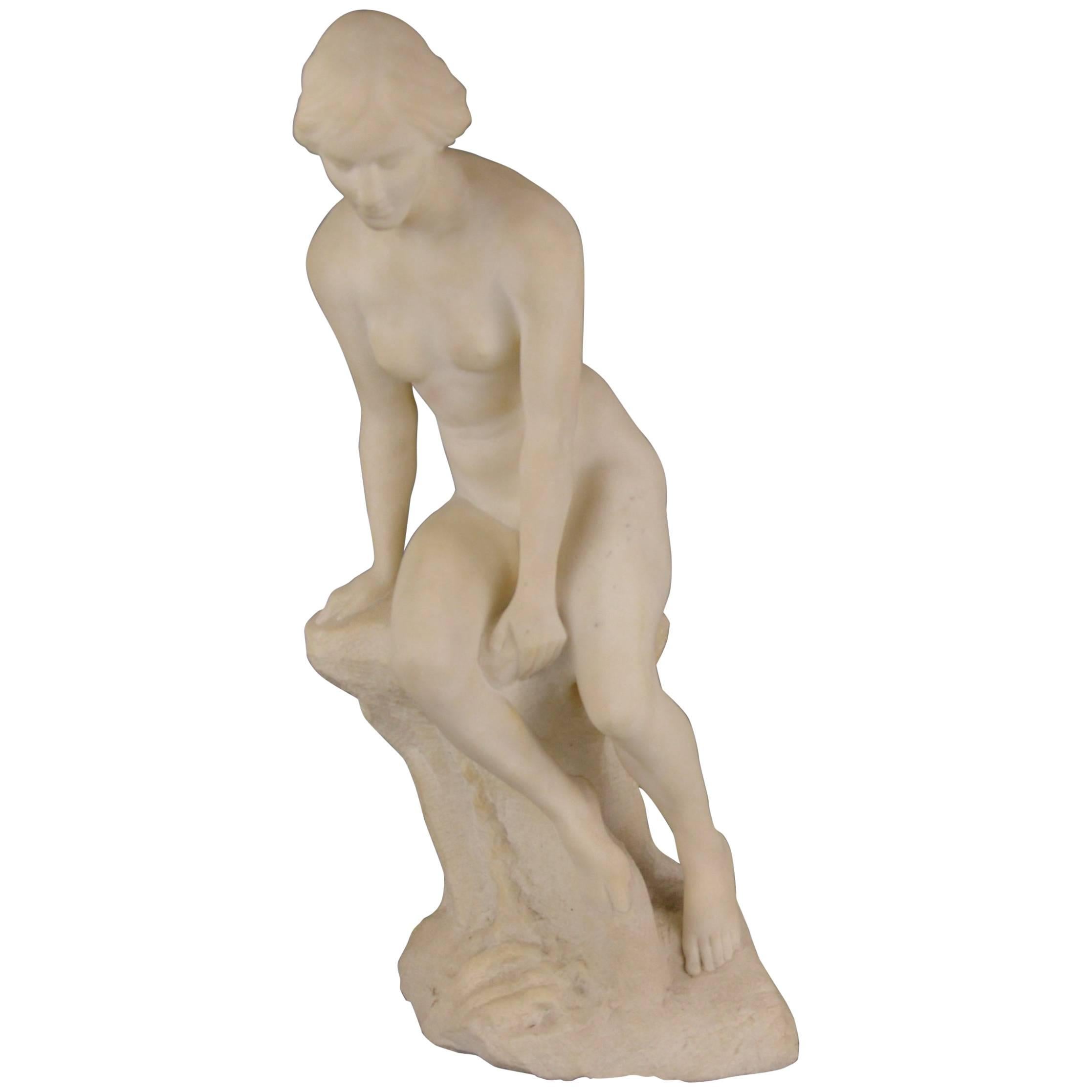 Baudouin Tuerlinckx Marble Sculpture Nu Sitting on a Rock For Sale