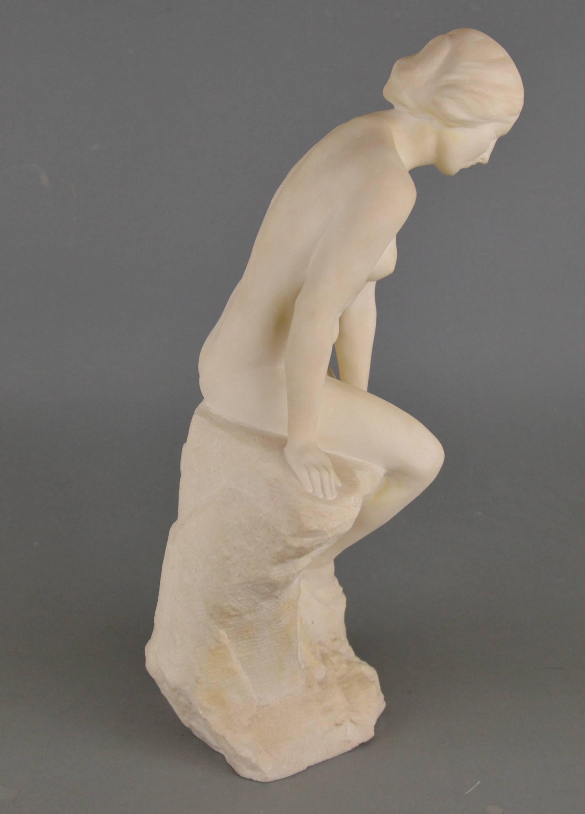 Baudouin Tuerlinckx Marble Sculpture Nu Sitting on a Rock In Good Condition For Sale In Brussels, BE