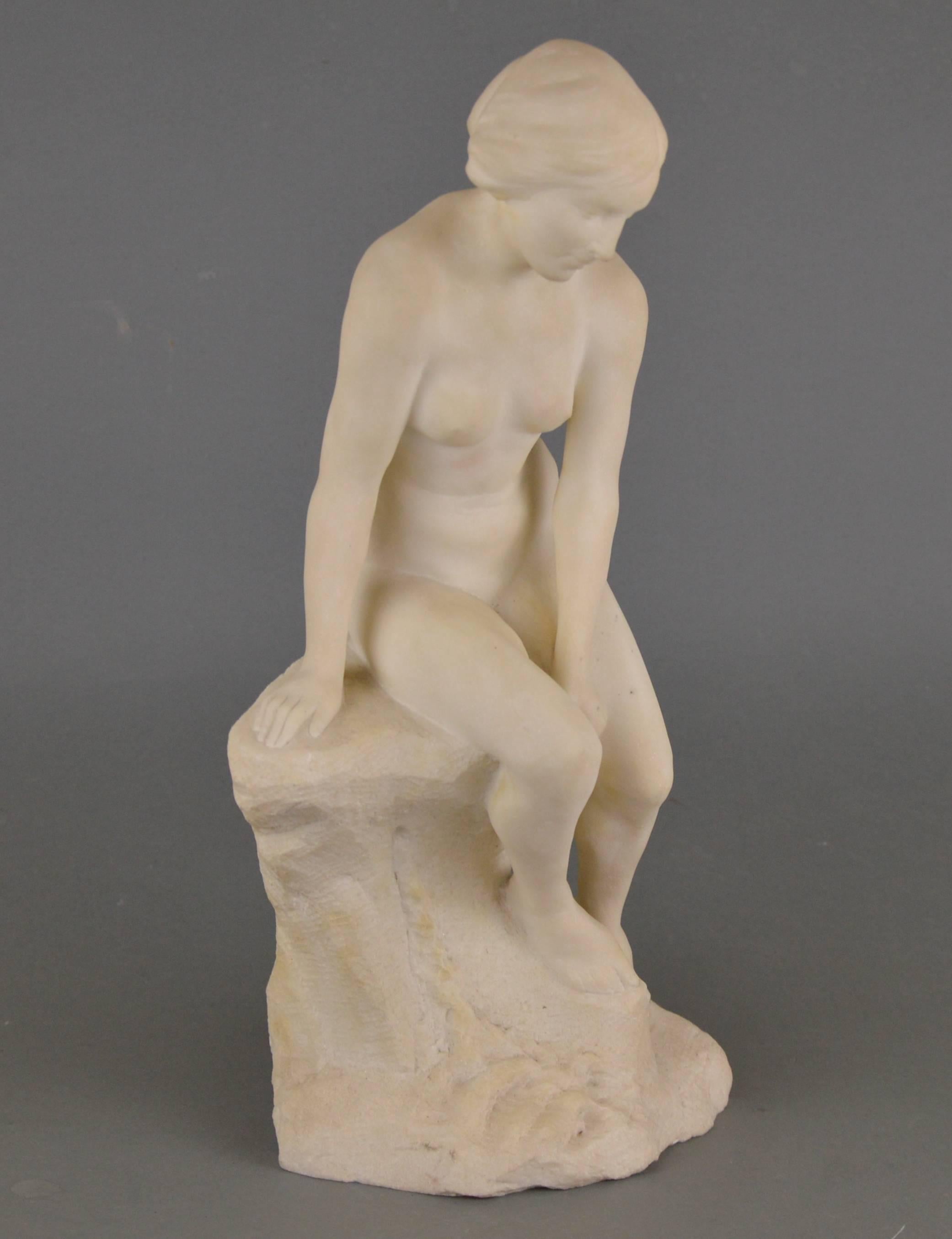 20th Century Baudouin Tuerlinckx Marble Sculpture Nu Sitting on a Rock For Sale