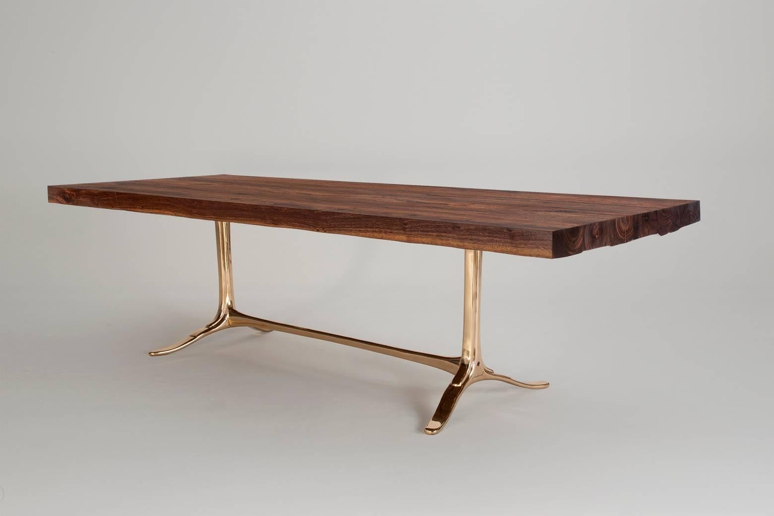 Minimalist Bespoke Reclaimed Hardwood Table with Bronze Polished Base, by P. Tendercool For Sale