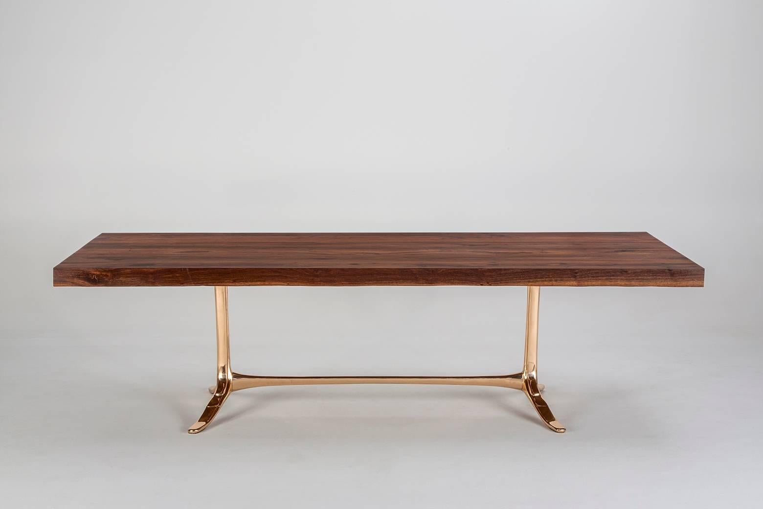 Cast Bespoke Reclaimed Hardwood Table with Bronze Polished Base, by P. Tendercool For Sale