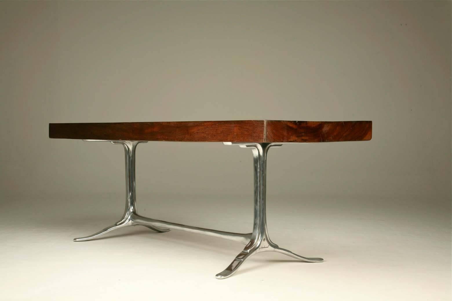 Thai Pair of Tables, Antique Hardwood on Sand-Cast Aluminum Base, by P. Tendercool For Sale