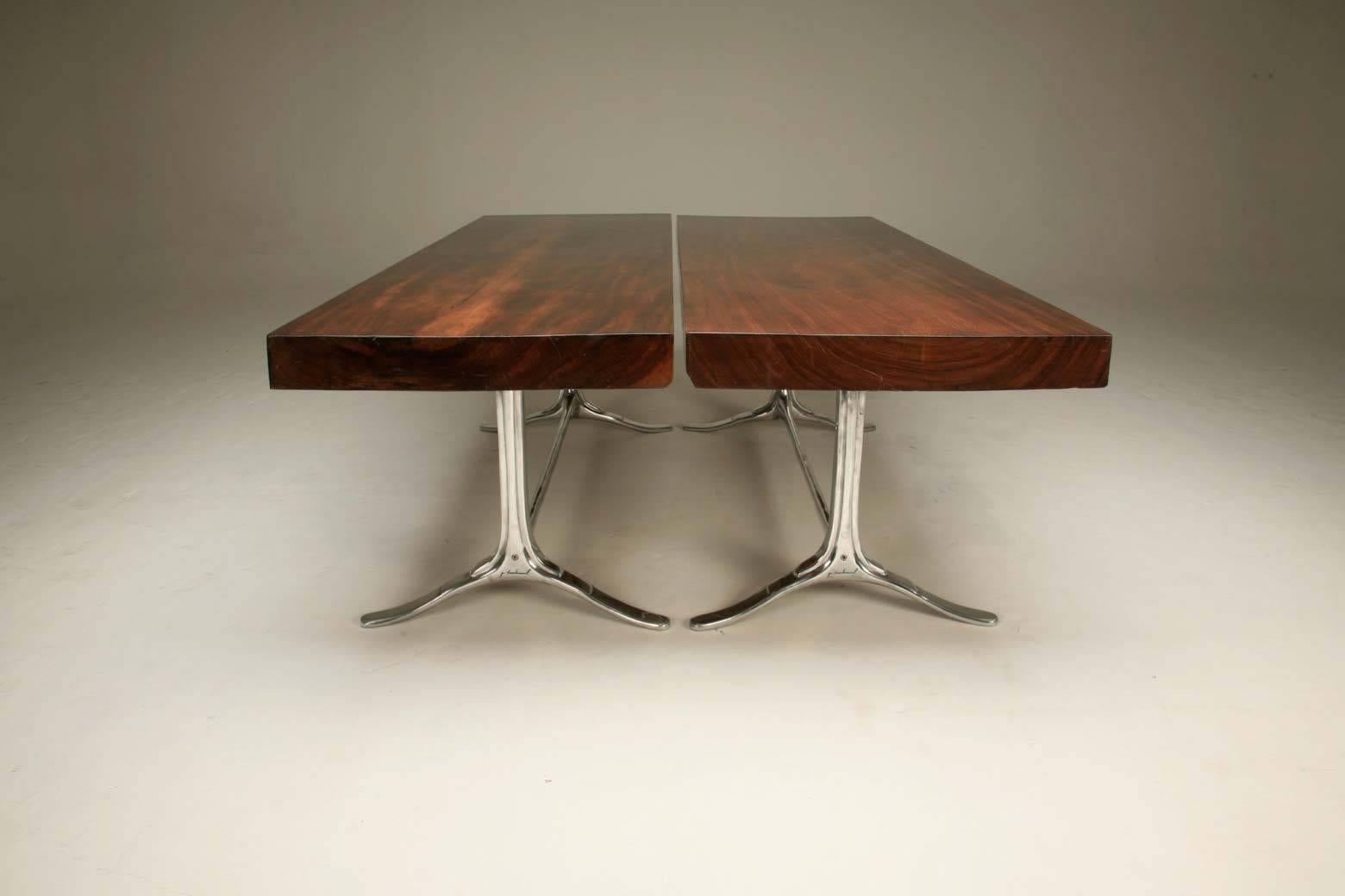 Contemporary Pair of Tables, Antique Hardwood on Sand-Cast Aluminum Base, by P. Tendercool For Sale
