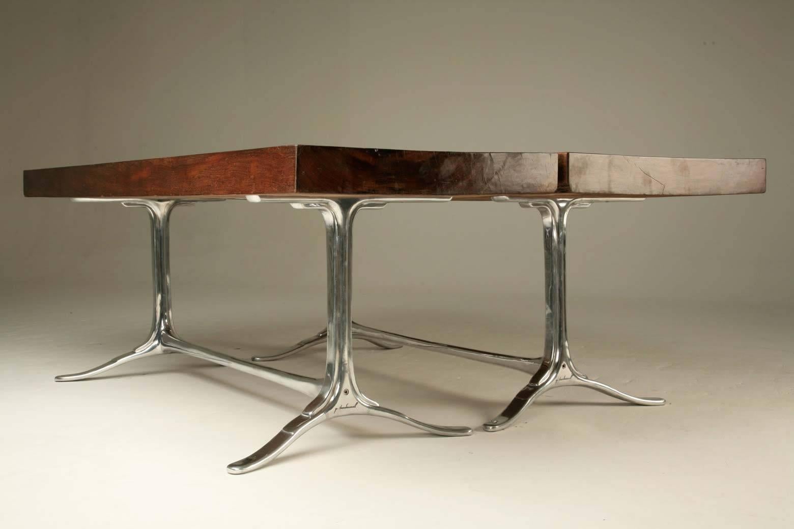 Pair of Tables, Antique Hardwood on Sand-Cast Aluminum Base, by P. Tendercool For Sale 1