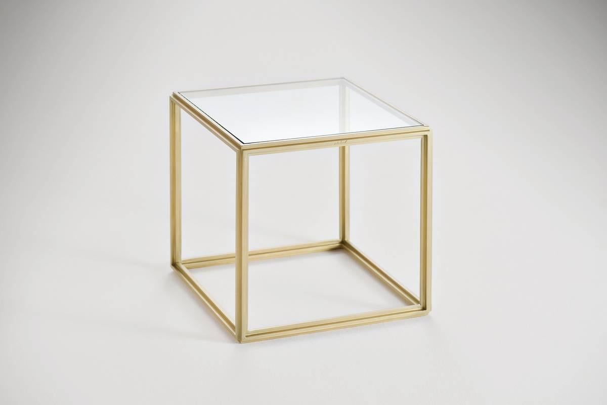 Thai Cubist Set of Four Brass Low Tables and Transparent Glass Tops, by P. Tendercool For Sale