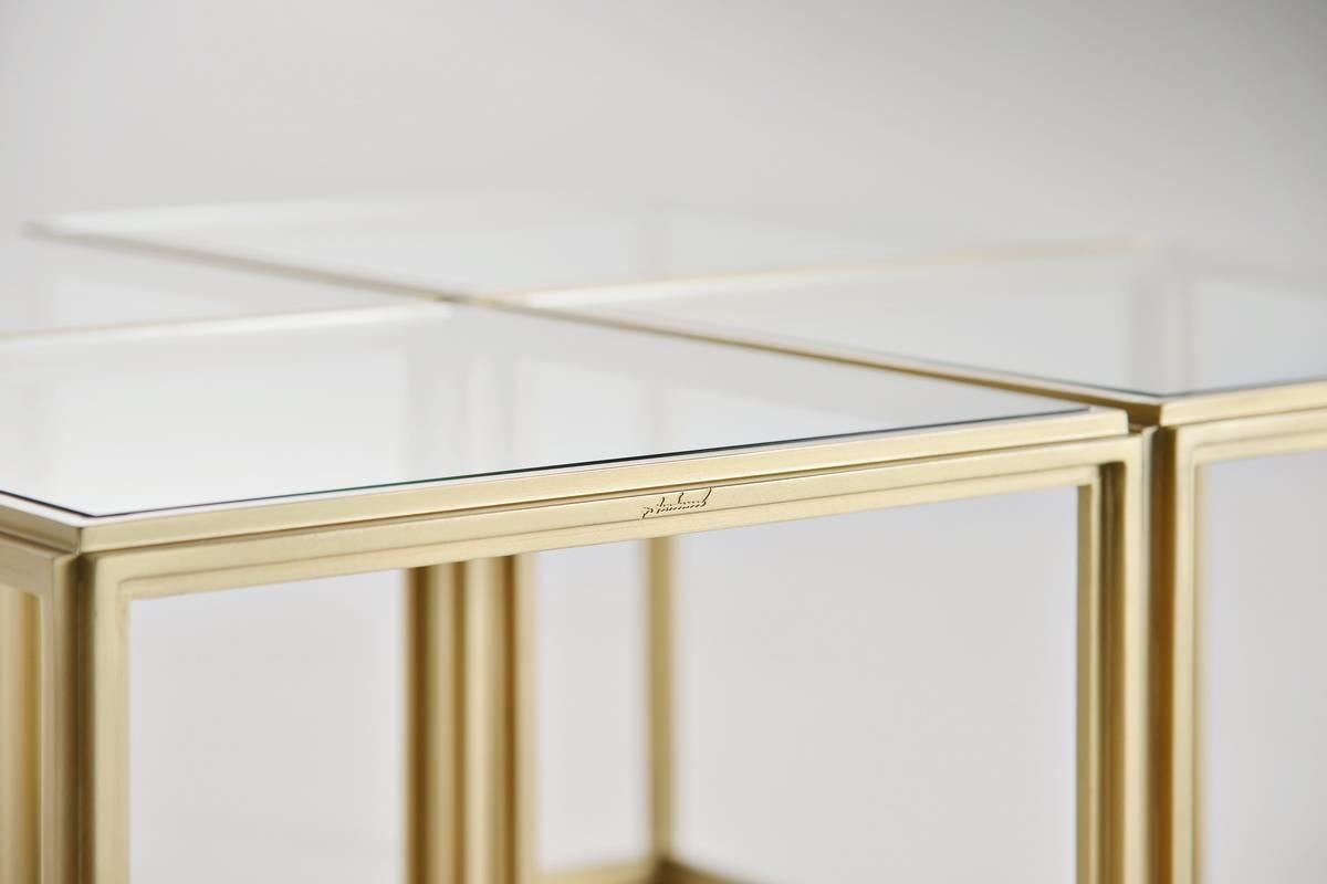 Contemporary Cubist Set of Four Brass Low Tables and Transparent Glass Tops, by P. Tendercool For Sale
