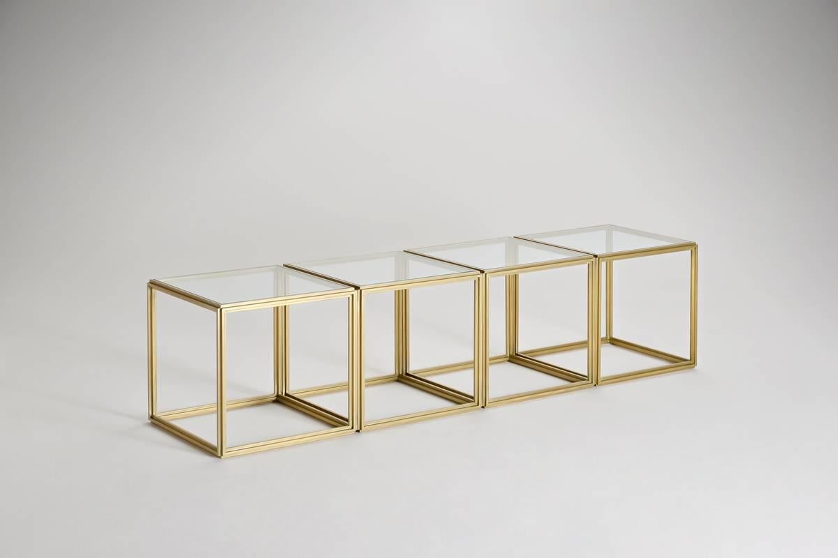 Minimalist Cubist Set of Four Brass Low Tables and Transparent Glass Tops, by P. Tendercool For Sale