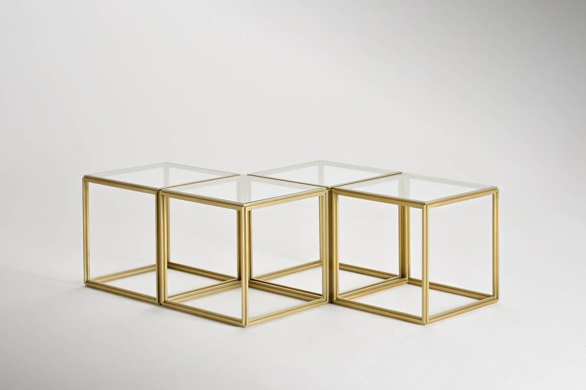 Model: BLT-PT8H
Frame: Material hand-welded extruded brass rods
Frame Finish: Golden sand
Top: Glass
Top Finish: Transparent
Dimensions: 41.7 x 41.7 x 40.6 cm
(w x d x h) 15.15 x 15.15 x 14.8 inch
Available to order.

Cubist set of four brass low