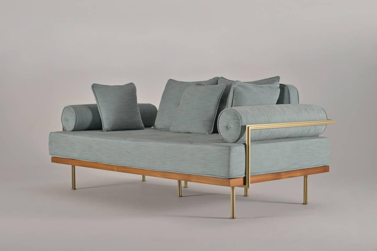 Mid-Century Modern Bespoke Love-Seat in Brass and Reclaimed Teak Frame, by Tendercool For Sale