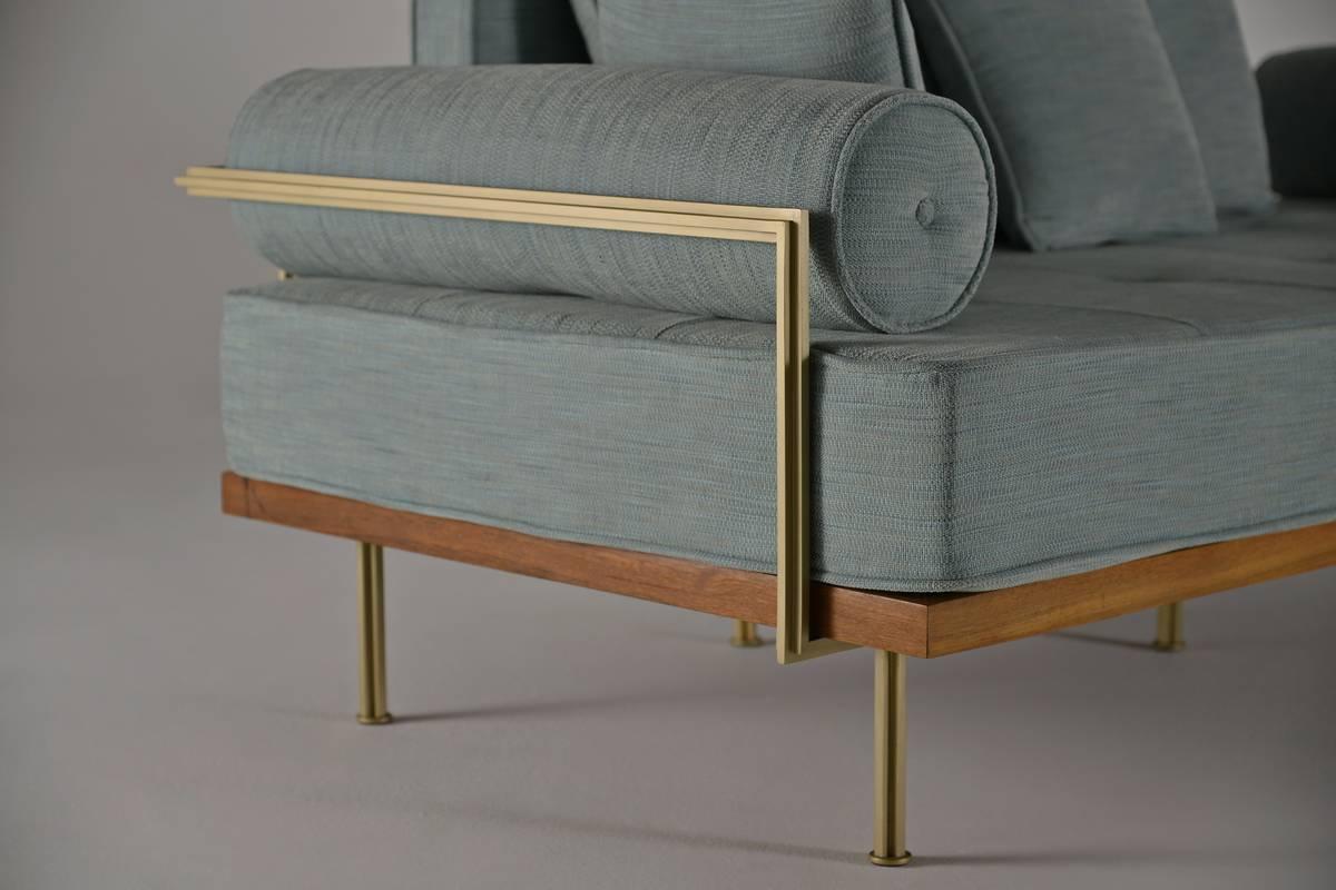 Hand-Crafted Bespoke Love-Seat in Brass and Reclaimed Teak Frame, by Tendercool For Sale