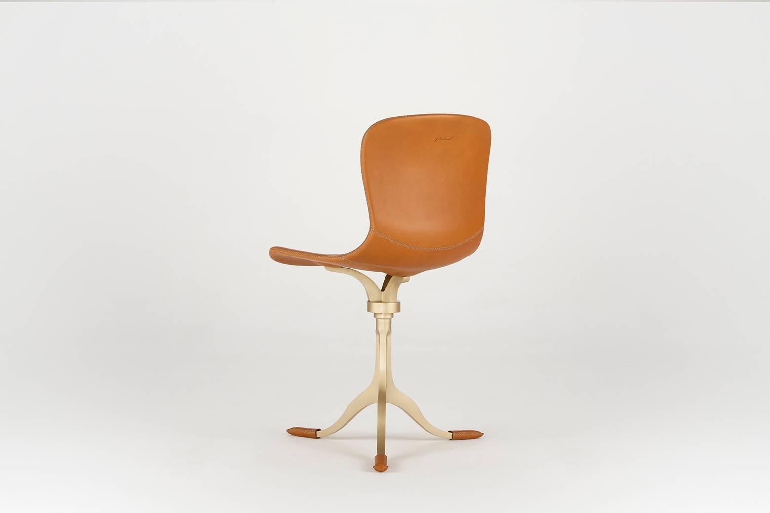 Mid-Century Modern Bespoke Sand Cast Brass Chair in Châtaigne Leather by P. Tendercool For Sale