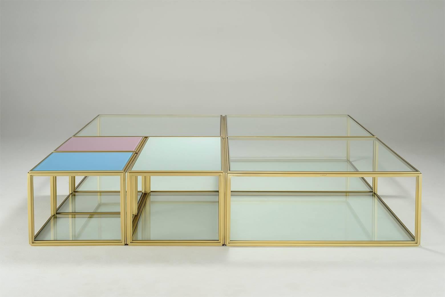Model: Low coffee table BLTs PT6x4
Frame material: Brass
Frame finish: Golden sand
Top: Glass top ( 3 tables) bronze top (one table)
Top finish: PT6 glass tops to be decided, one bronze top with texture ( natural color)
Bottom: glass to be decided