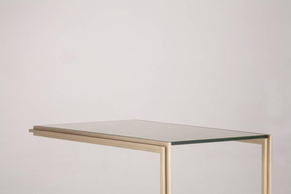 Minimalist Glass and Natural Brass Occasional Handmade Table, by P.Tendercool For Sale