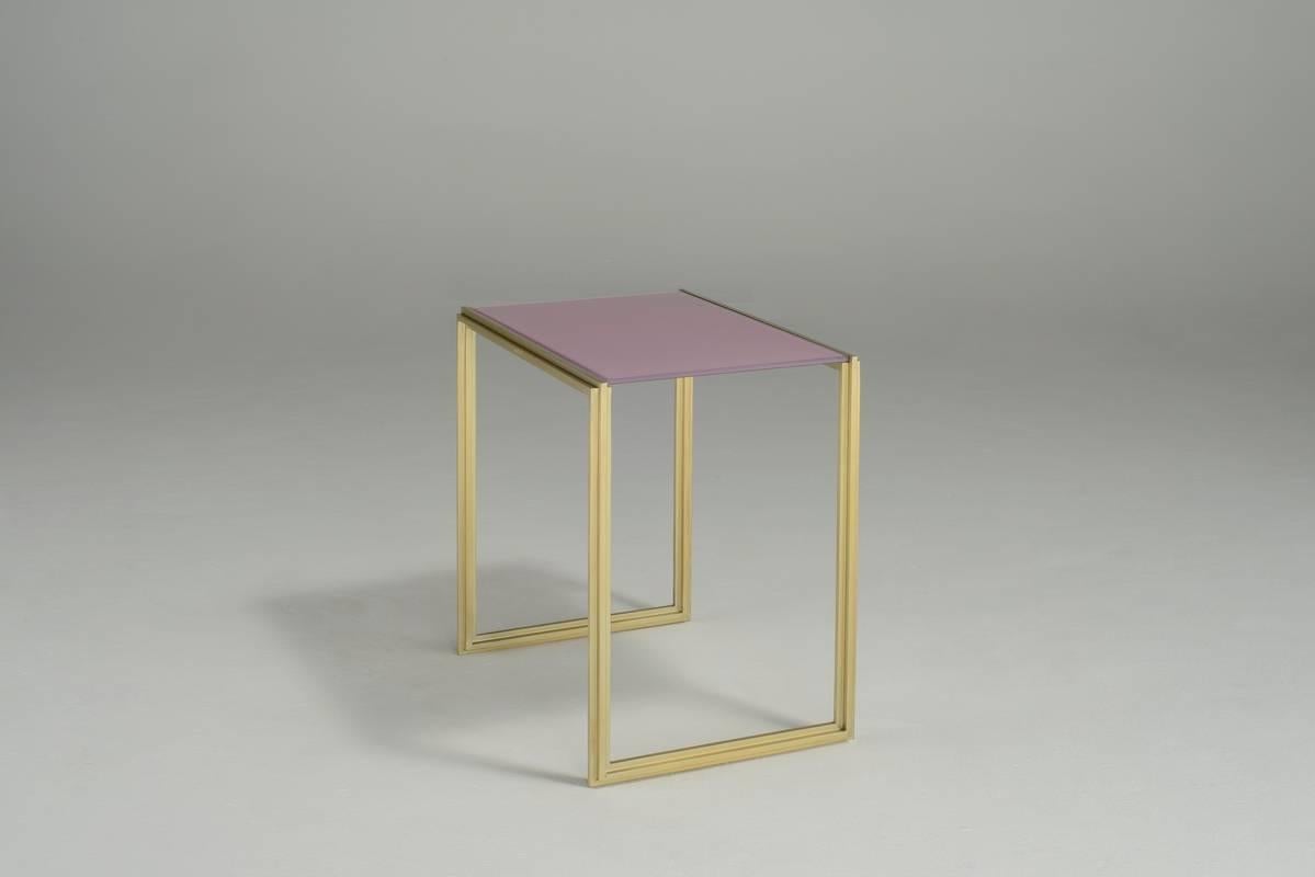 Minimalist Geometric, Bespoke Brass Side Table with Lotus Pink Top, by P. Tendercool For Sale