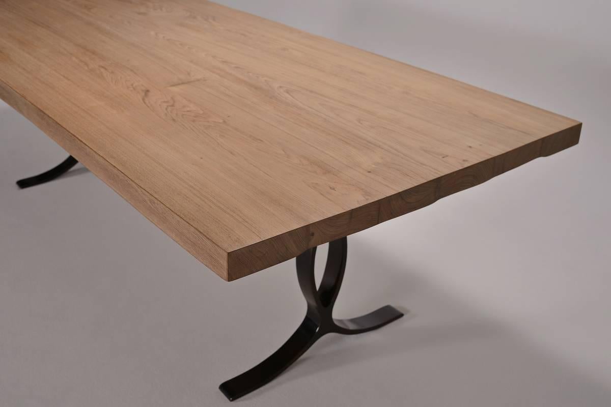 Thai Eight-Seat Dining Table, Bleached Reclaimed Wood on Brass Base, by P. Tendercool For Sale