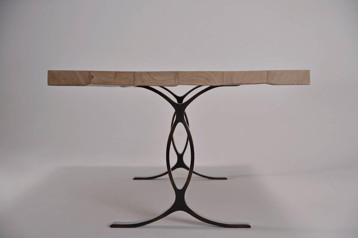 Eight-Seat Dining Table, Bleached Reclaimed Wood on Brass Base, by P. Tendercool In New Condition For Sale In Bangkok, TH