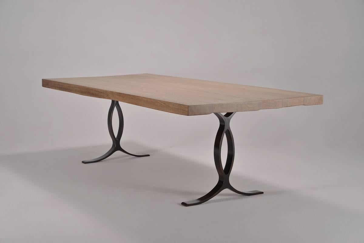 Contemporary Eight-Seat Dining Table, Bleached Reclaimed Wood on Brass Base, by P. Tendercool For Sale