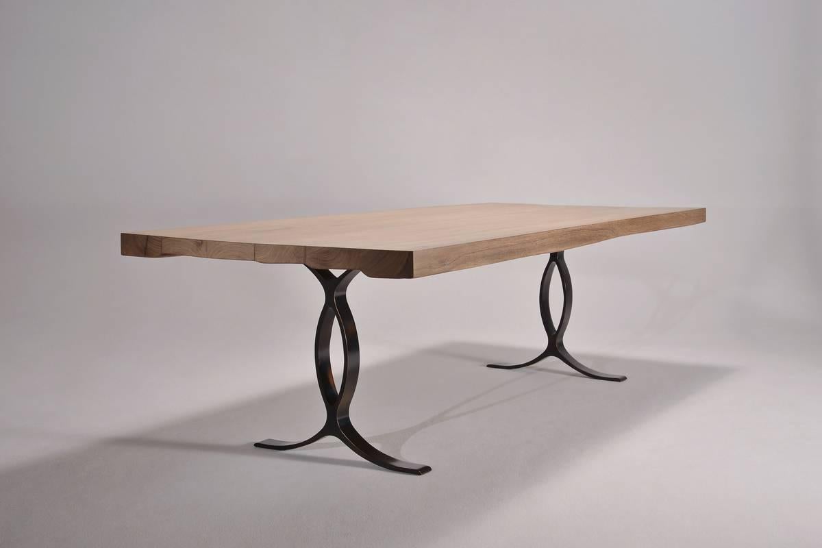 Eight-Seat Dining Table, Bleached Reclaimed Wood on Brass Base, by P. Tendercool For Sale 1