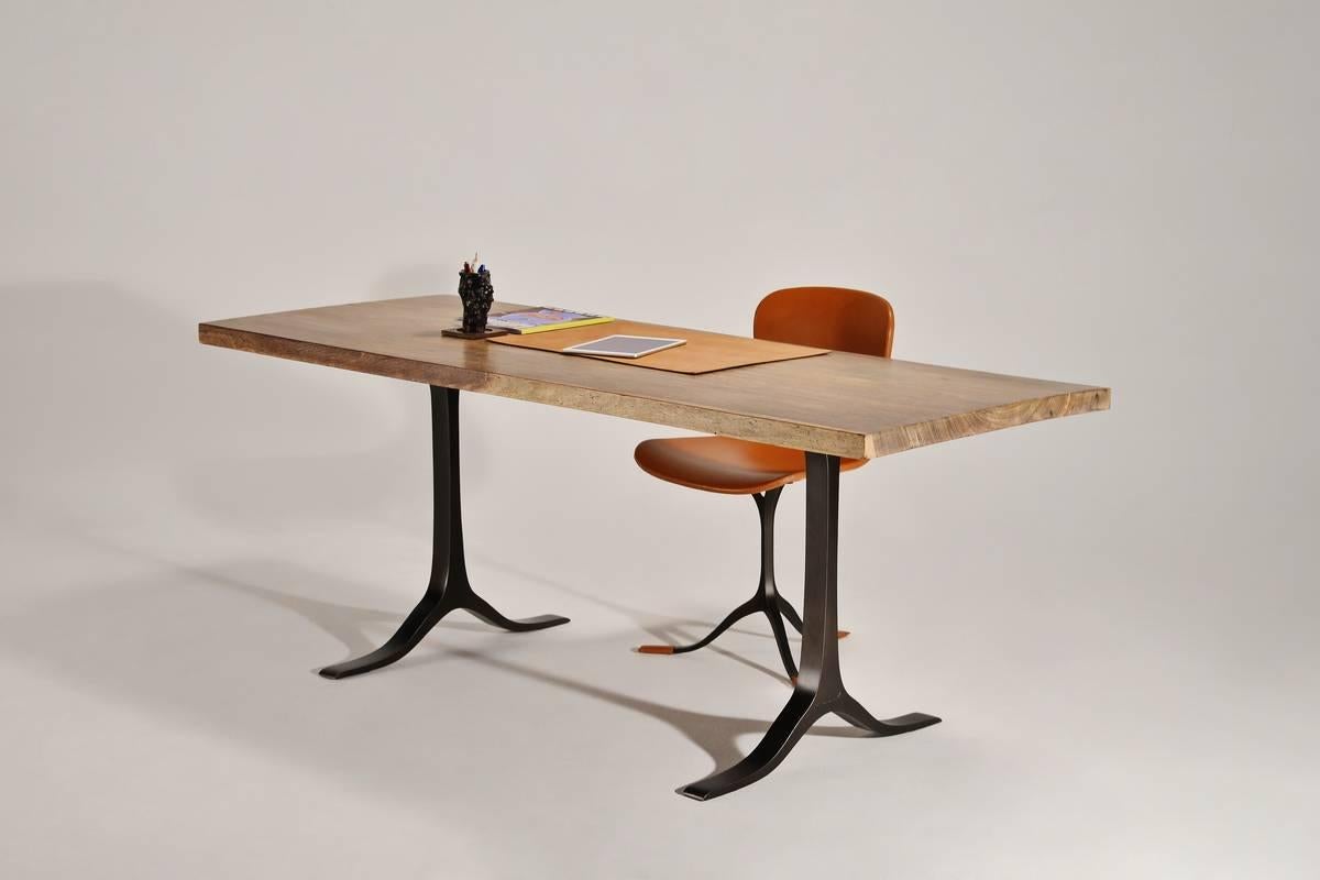 Minimalist Bespoke Desk, Antique Hardwood Slab on Sand Cast Bases, by P. Tendercool For Sale