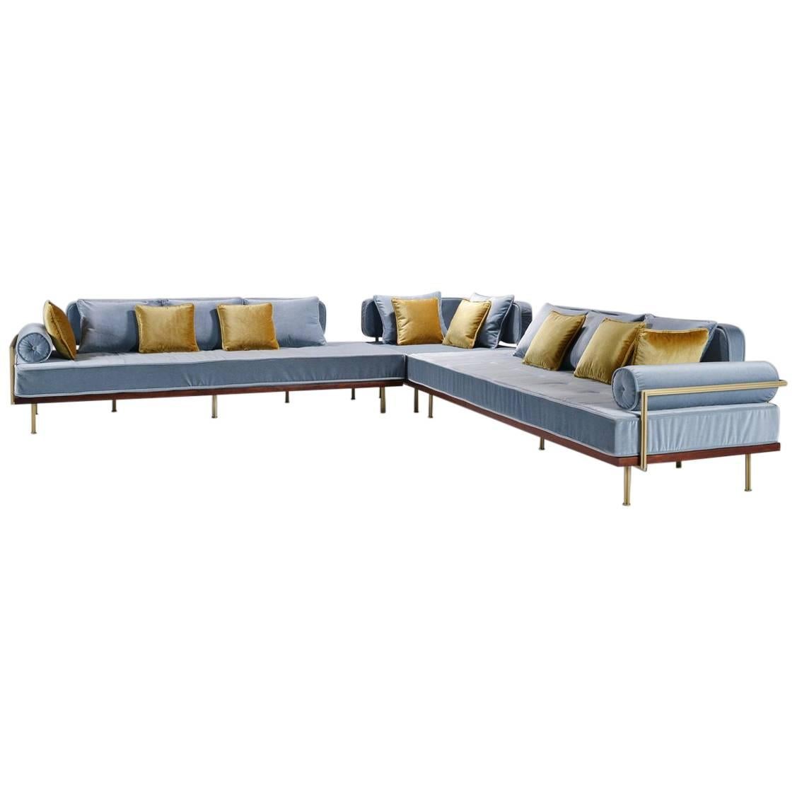 Bespoke Sectional Sofa in Brass and Reclaimed Hardwood Frame, By P. Tendercool For Sale