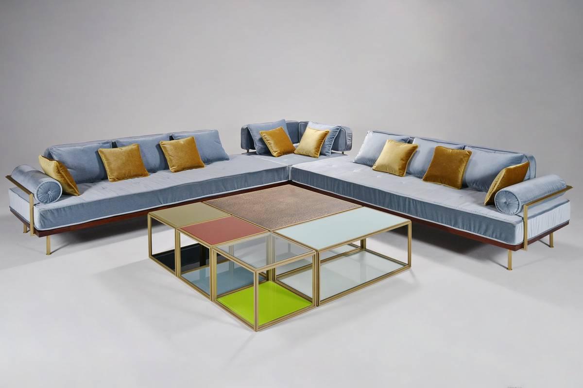 Our sectional or L-shaped sofa.
Three items: left, corner, right.
We can naturally create various configurations. 
Bottom line: reclaimed wood from old Thai houses (aged Teak), extruded hand-welded brass rods, Pure latex mattress, and your choice of