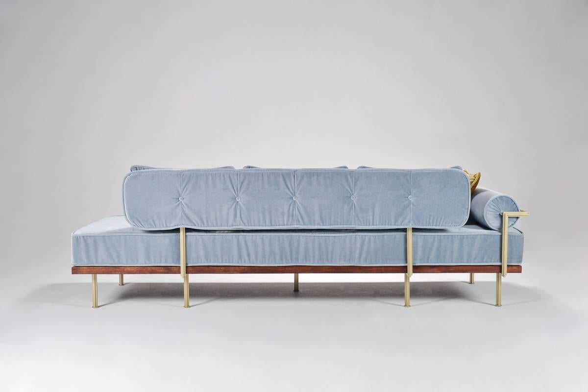Mid-Century Modern Bespoke Sectional Sofa in Brass and Reclaimed Hardwood Frame, By P. Tendercool For Sale