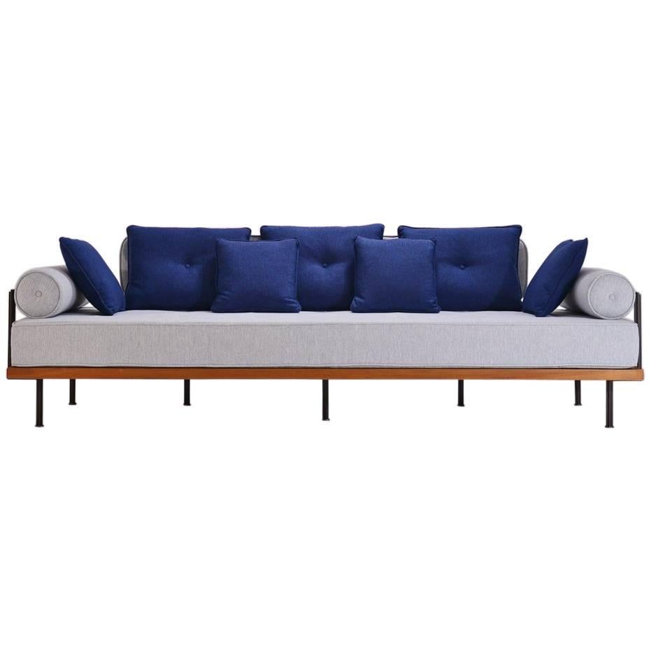 Bespoke Three-Seat Sofa with Brass and Reclaimed Hardwood Frame by P.Tendercool For Sale