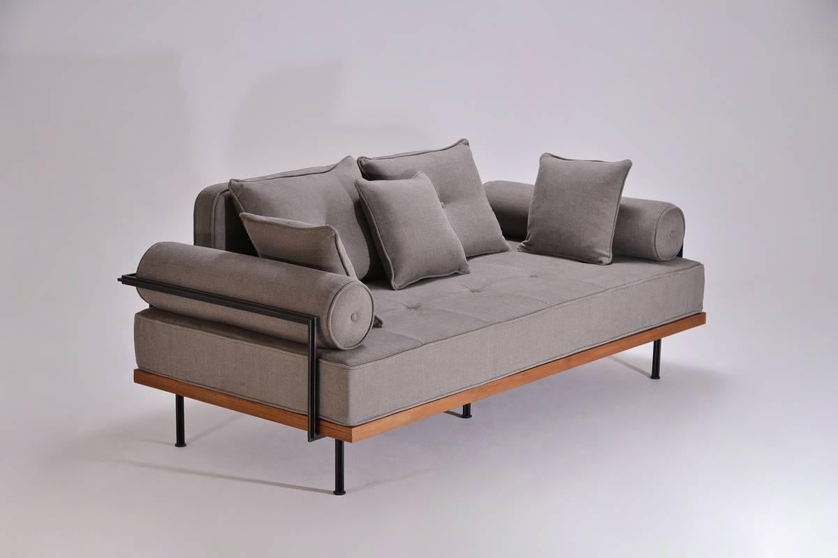 Mid-Century Modern Bespoke Two-Seat Sofa in Brass and Reclaimed Hardwood Frame, By P. Tendercool For Sale