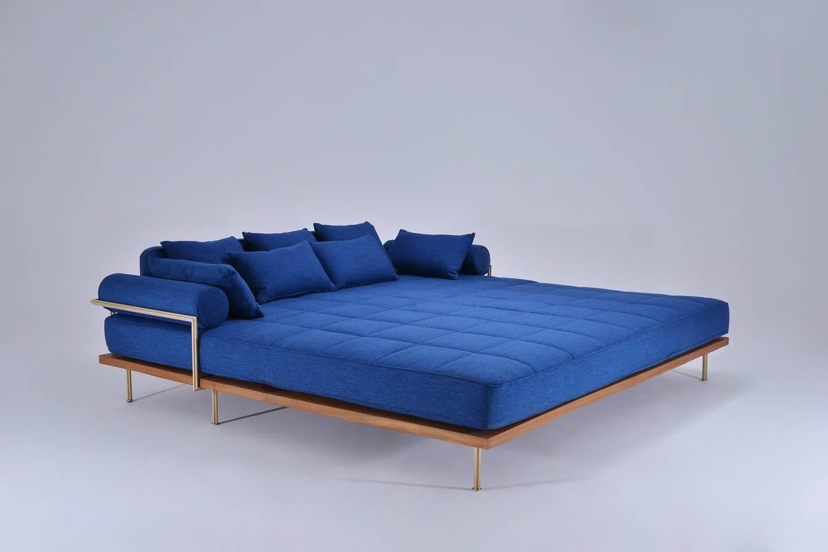Mid-Century Modern Bespoke Outdoor Lounge Bed in Brass and Reclaimed Hardwood, by P. Tendercool For Sale