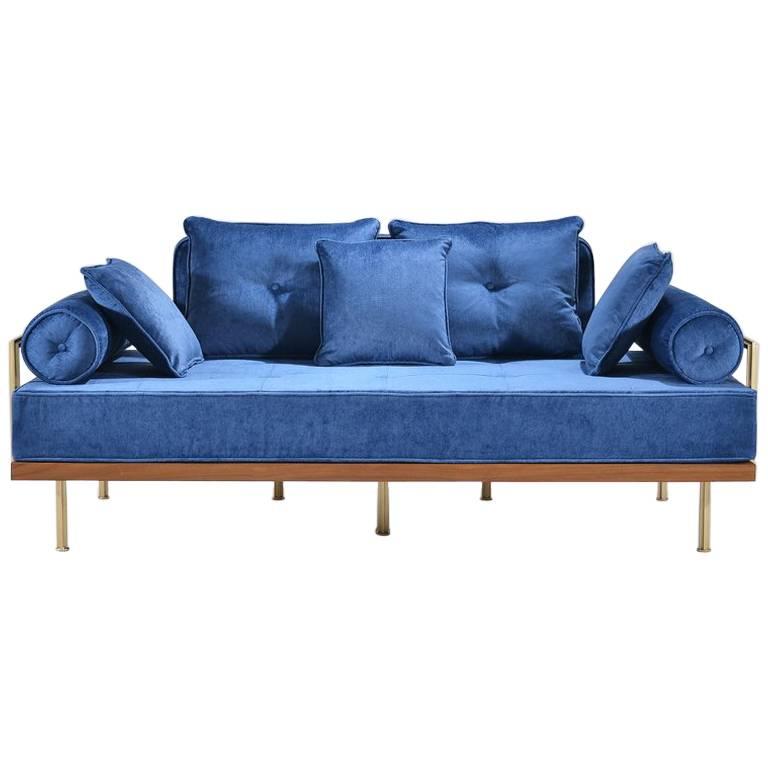 Bespoke TwoSeat Sofa in Reclaimed Hardwood and Brass Frame For Sale at