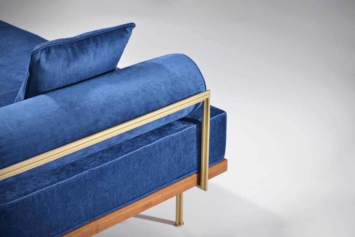 Mid-Century Modern Bespoke Two-Seater Sofa in Brass and Reclaimed Hardwood Frame, By P. Tendercool For Sale
