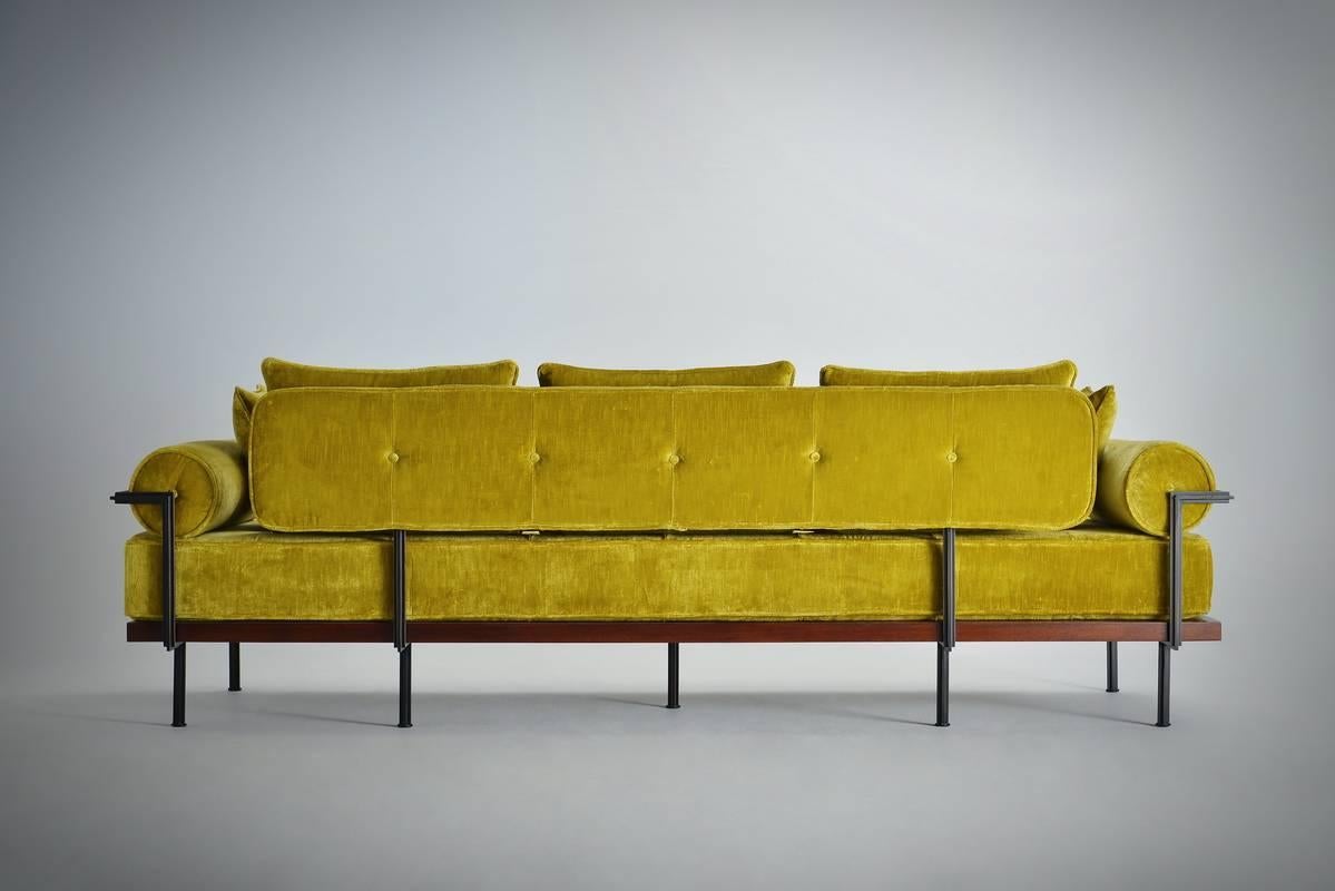Hand-Crafted Bespoke, Three Seat Sofa, Reclaimed Hardwood, Solid Brass Frame by P. Tendercool For Sale