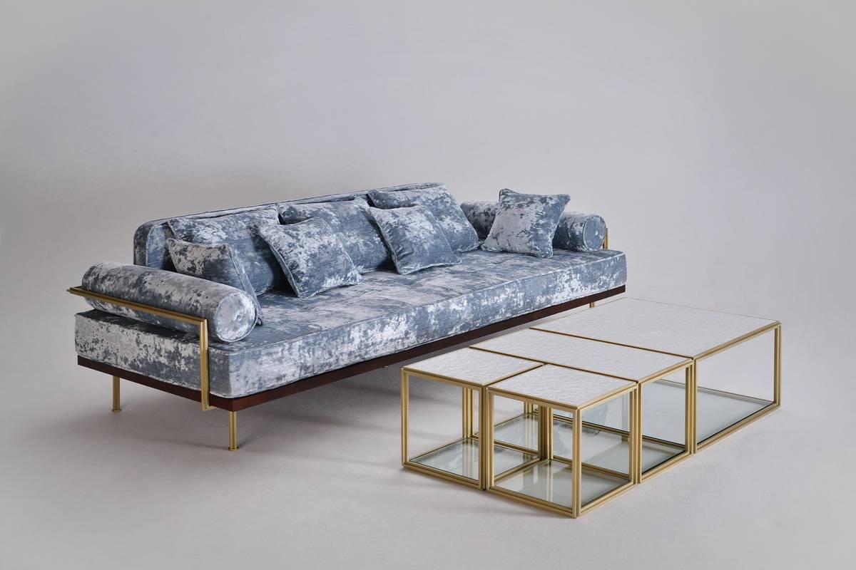 Bespoke, Three Seat Sofa, Reclaimed Hardwood, Solid Brass Frame by P. Tendercool For Sale 3