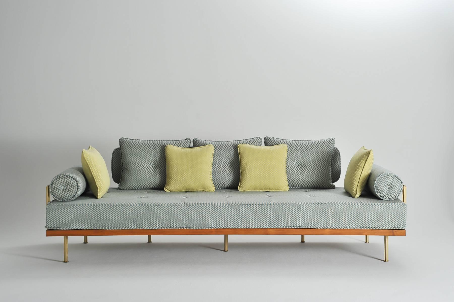Model: PT70 three-seat sofa (Indoor)
Frame: Reclaimed hardwood
Frame finish: Diamond Oiled
Structure: Extruded and hand-welded solid brass rods
Structure finish: Brass golden sand 
Seat material: 100% Latex
Upholstery: included
Fabric: not included,