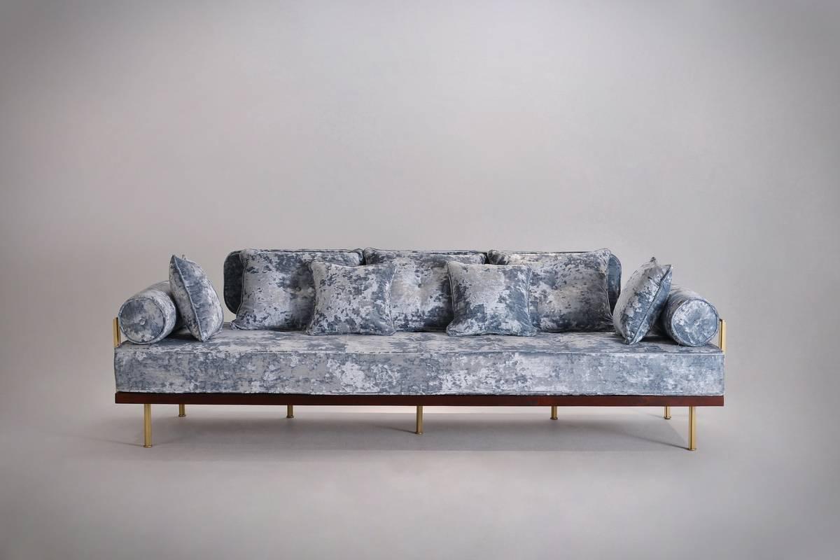 Model: PT70 three-seat sofa (Indoor)
Frame: Reclaimed hardwood
Frame finish: 'Wine tinted with water-based Polyurethane coating
Structure: Extruded and hand-welded solid brass rods
Structure finish: Brass golden sand
Seat material: 100%