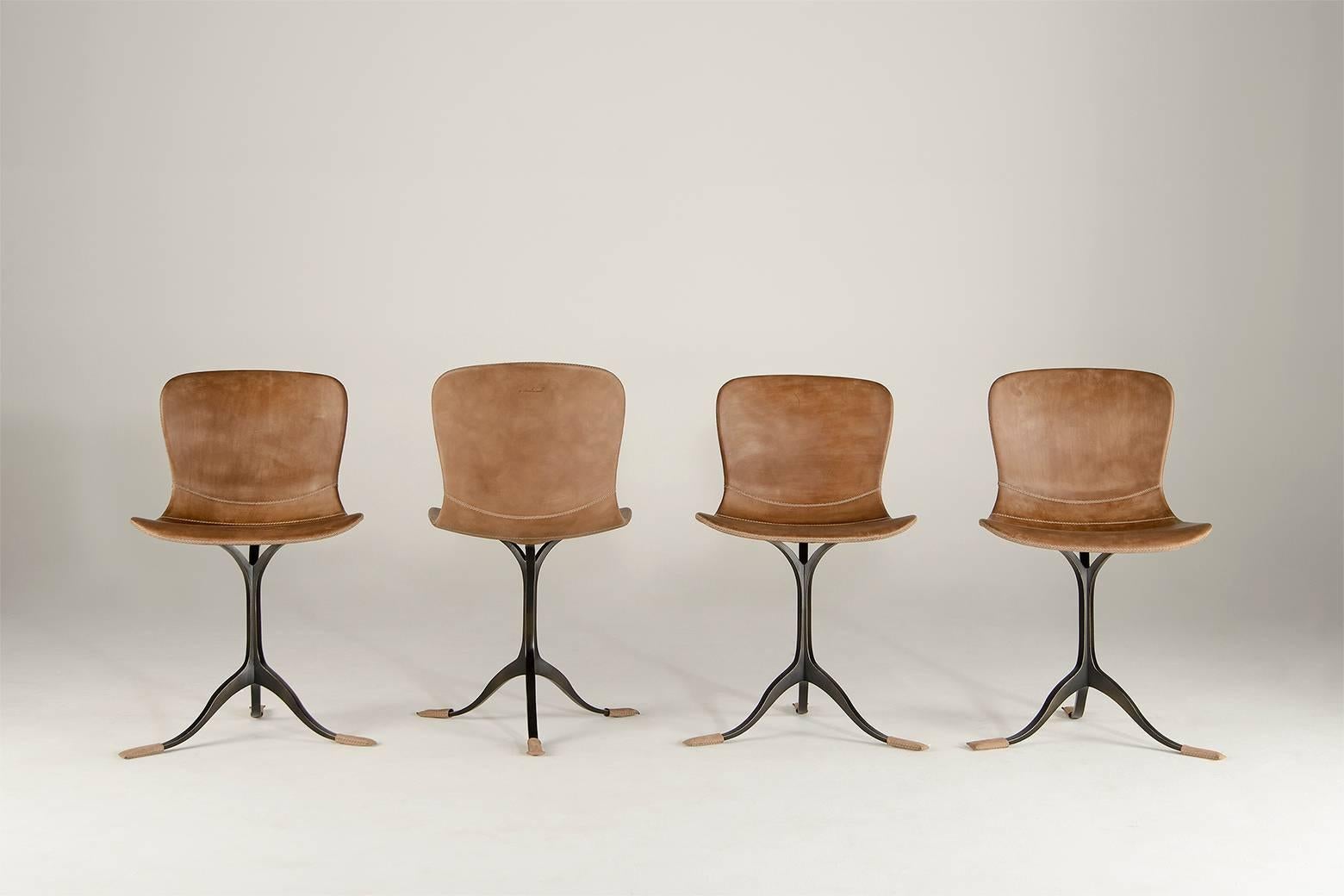 Mid-Century Modern Collection of Ten Brass and Leather Chairs, Made to Order by P.Tendercool For Sale