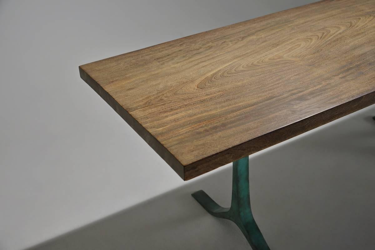 Cast Bespoke Reclaimed Hardwood Desk with Green Copper Bronze Base, by P. Tendercool For Sale