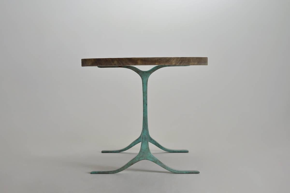 Thai Bespoke Reclaimed Hardwood Desk with Green Copper Bronze Base, by P. Tendercool For Sale