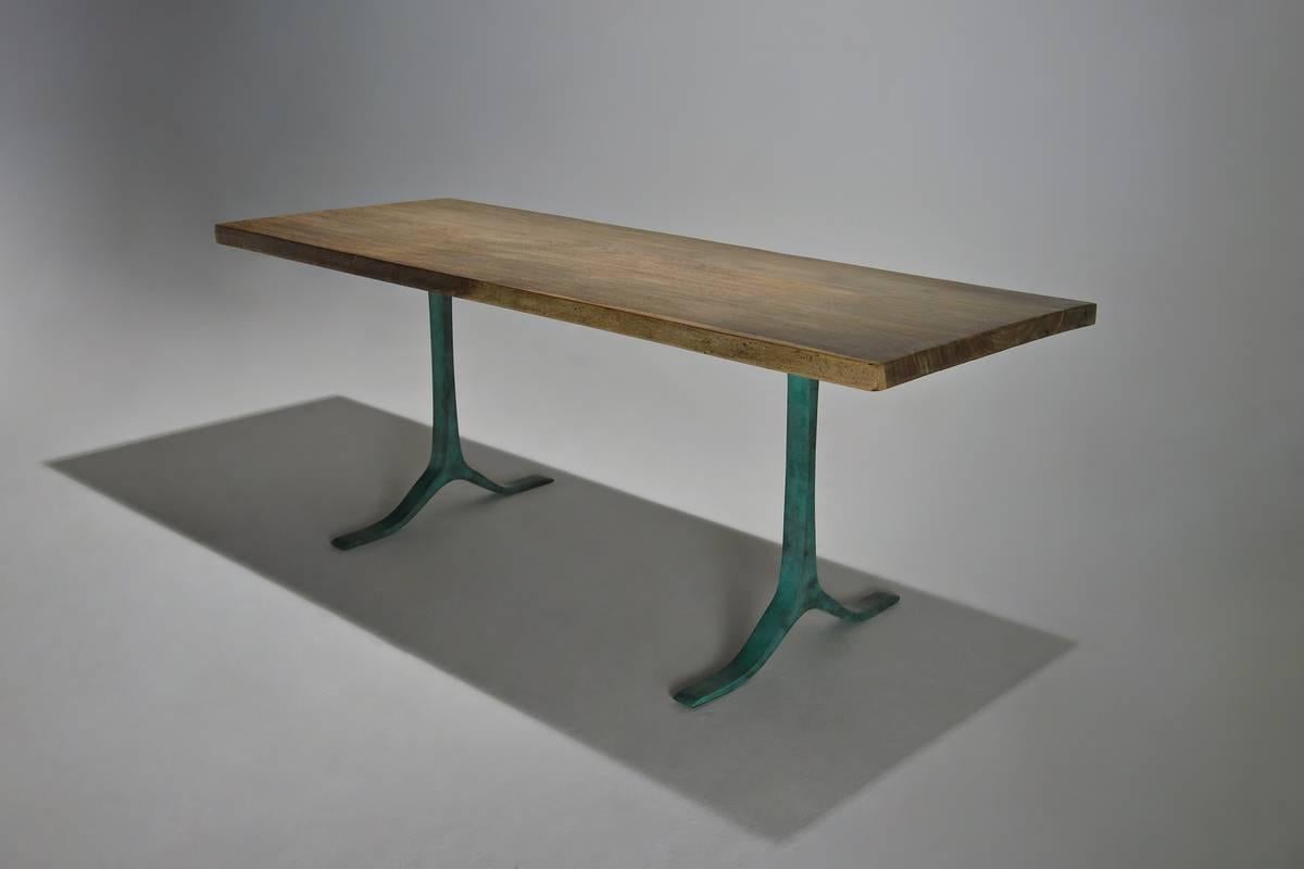 Bespoke Reclaimed Hardwood Desk with Green Copper Bronze Base, by P. Tendercool For Sale 1