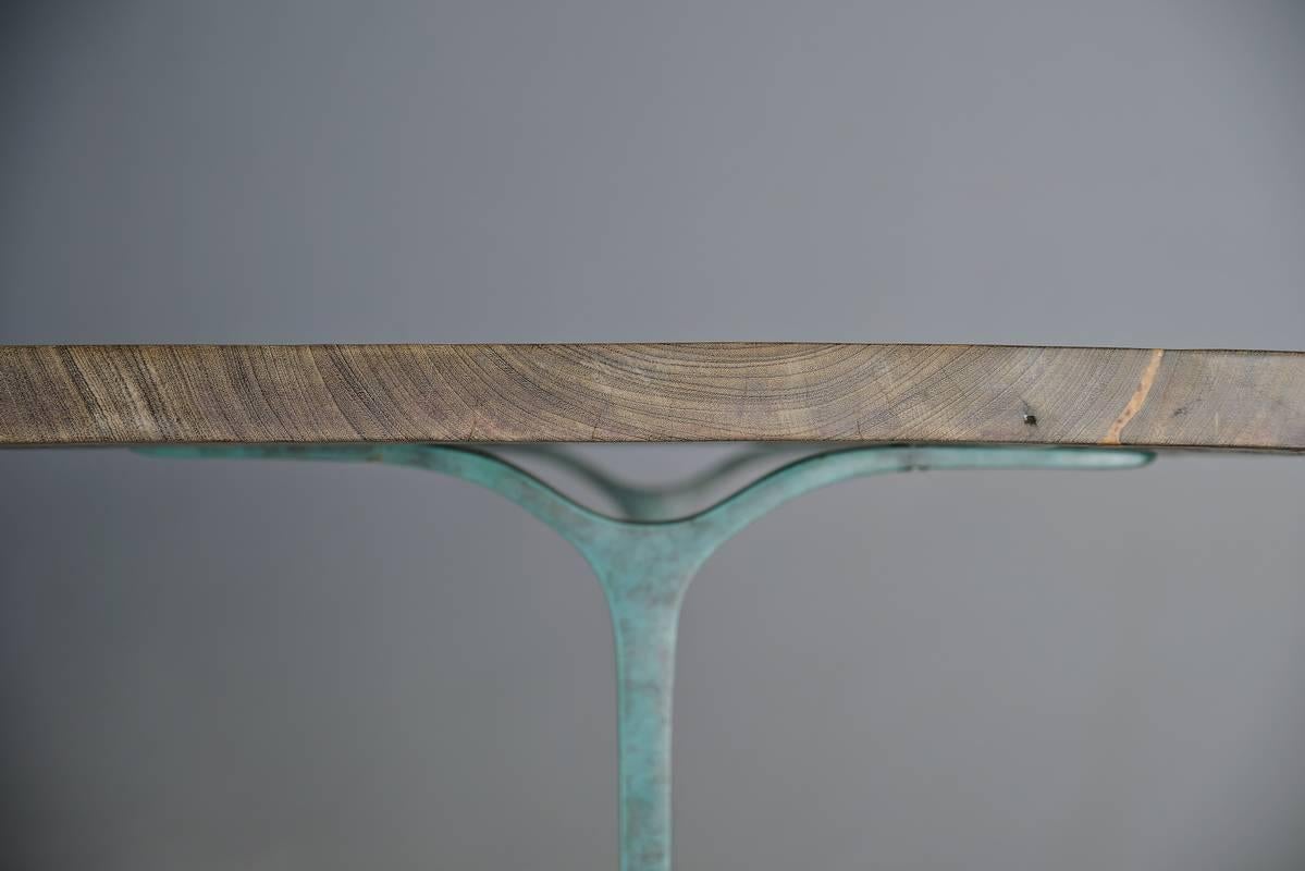 Model: ATOP_PT2M
Top: Single slab of antique hardwood
Top finish: Bleached and natural oiled
Base: PT2 sand cast bronze
Base finish: Green copper
Dimensions: 188.5 x 71 x 72 cm
(W x D x H) 74.2 x 28 x 28.3 inch

We recently created this