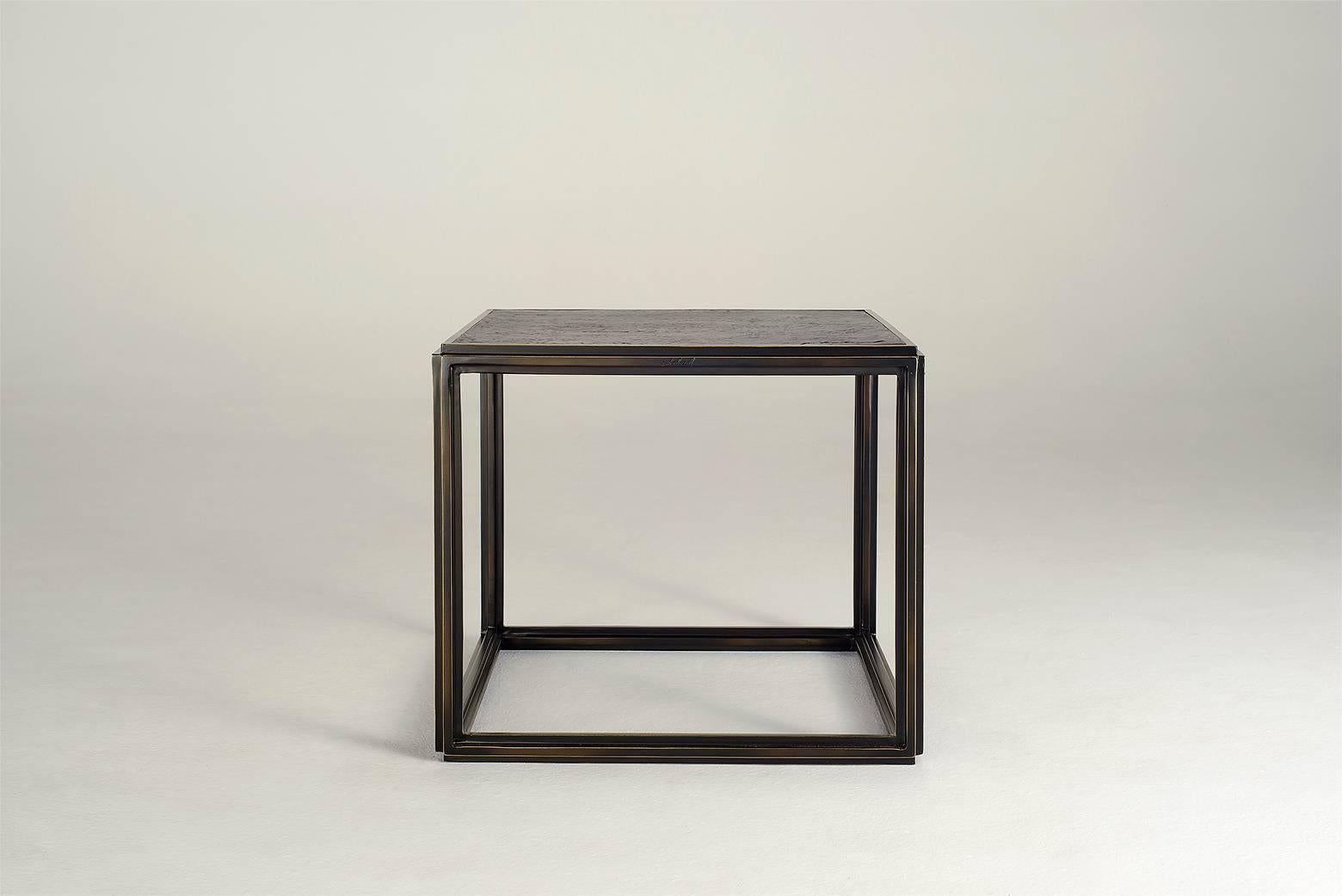 Model: PT8 
Top: Bronze in sculpture black
Top finish: Bronze in sculpture black
Bottom: Available in glass at additional charge
Frame material: Extruded and hand-welded solid brass rods 
Frame finish: Black
Dimensions: 41.7 x 41.7 
(Low - 34.5) or