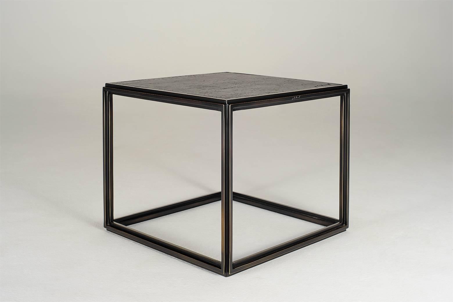 Minimalist Cubist Glass, Bronze & Brass Occasional Handmade Square Table, by P. Tendercool For Sale