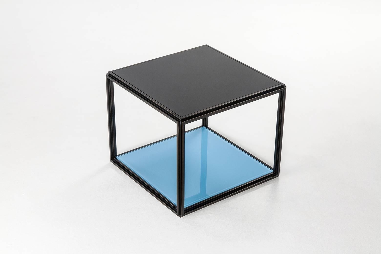 Thai Cubist Glass, Bronze & Brass Occasional Handmade Square Table, by P. Tendercool For Sale