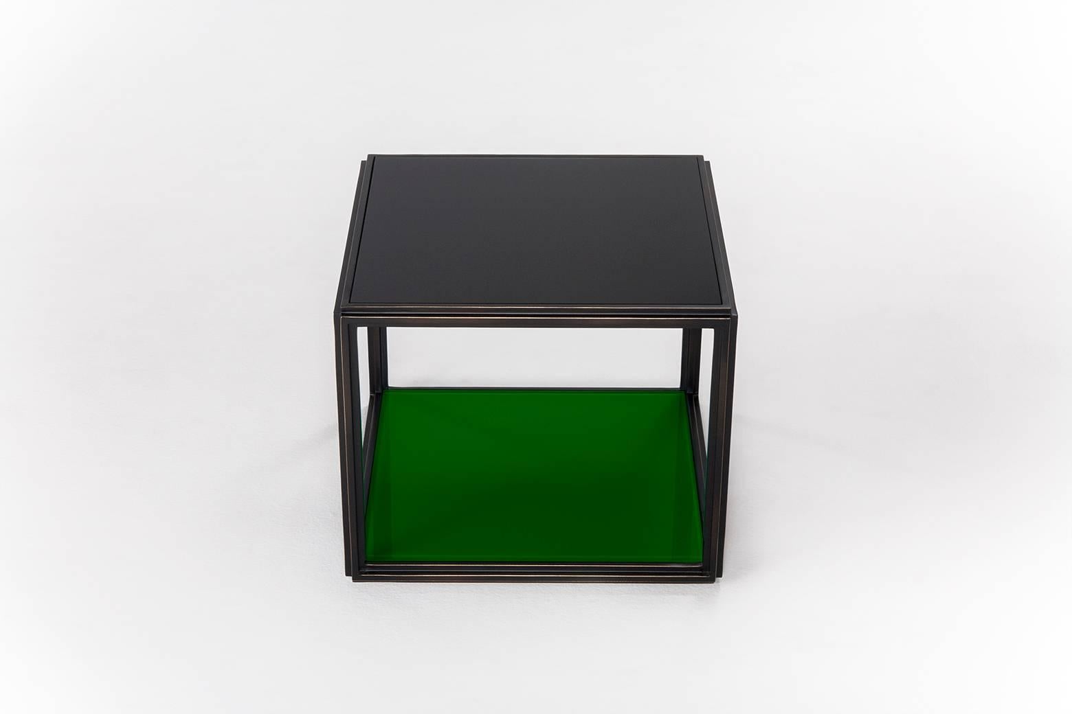 Cast Cubist Glass, Bronze & Brass Occasional Handmade Square Table, by P. Tendercool For Sale