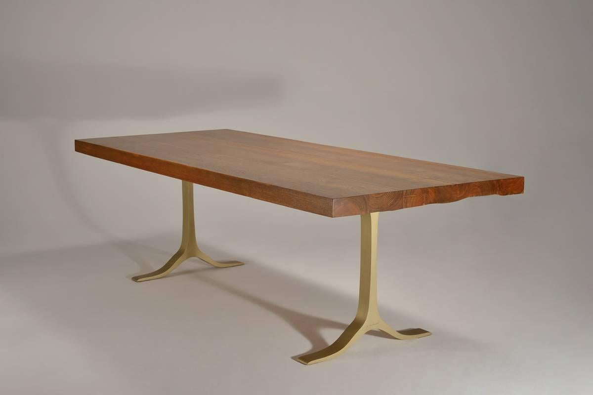 Minimalist Bespoke Reclaimed Hardwood Dining Table, Hand-Cast Brass Base by P. Tendercool For Sale