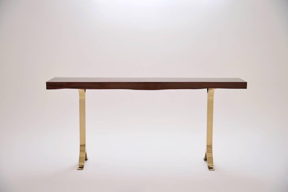 Cast French-Polished Console in Antique Hardwood with Bronze Base by P. Tendercool For Sale
