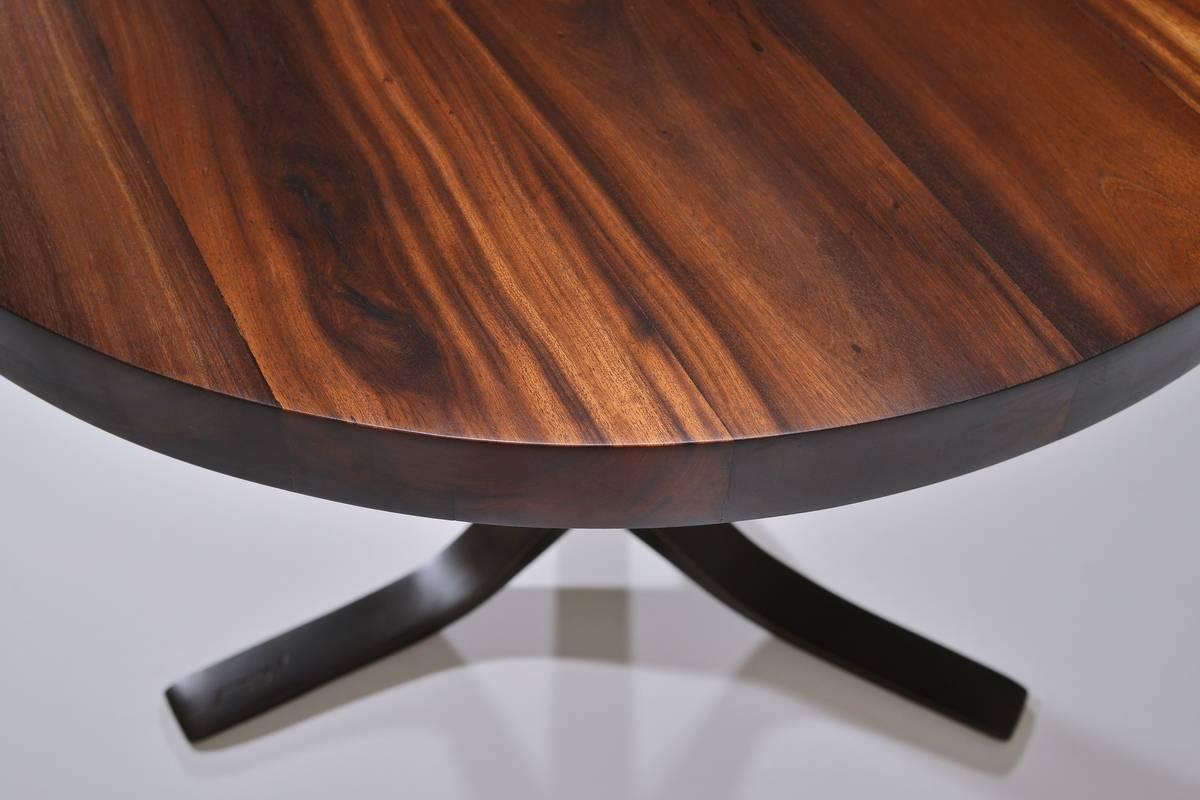 Minimalist Bespoke Round Table, Reclaimed Hardwood with Brown Brass Base by P. Tendercool For Sale