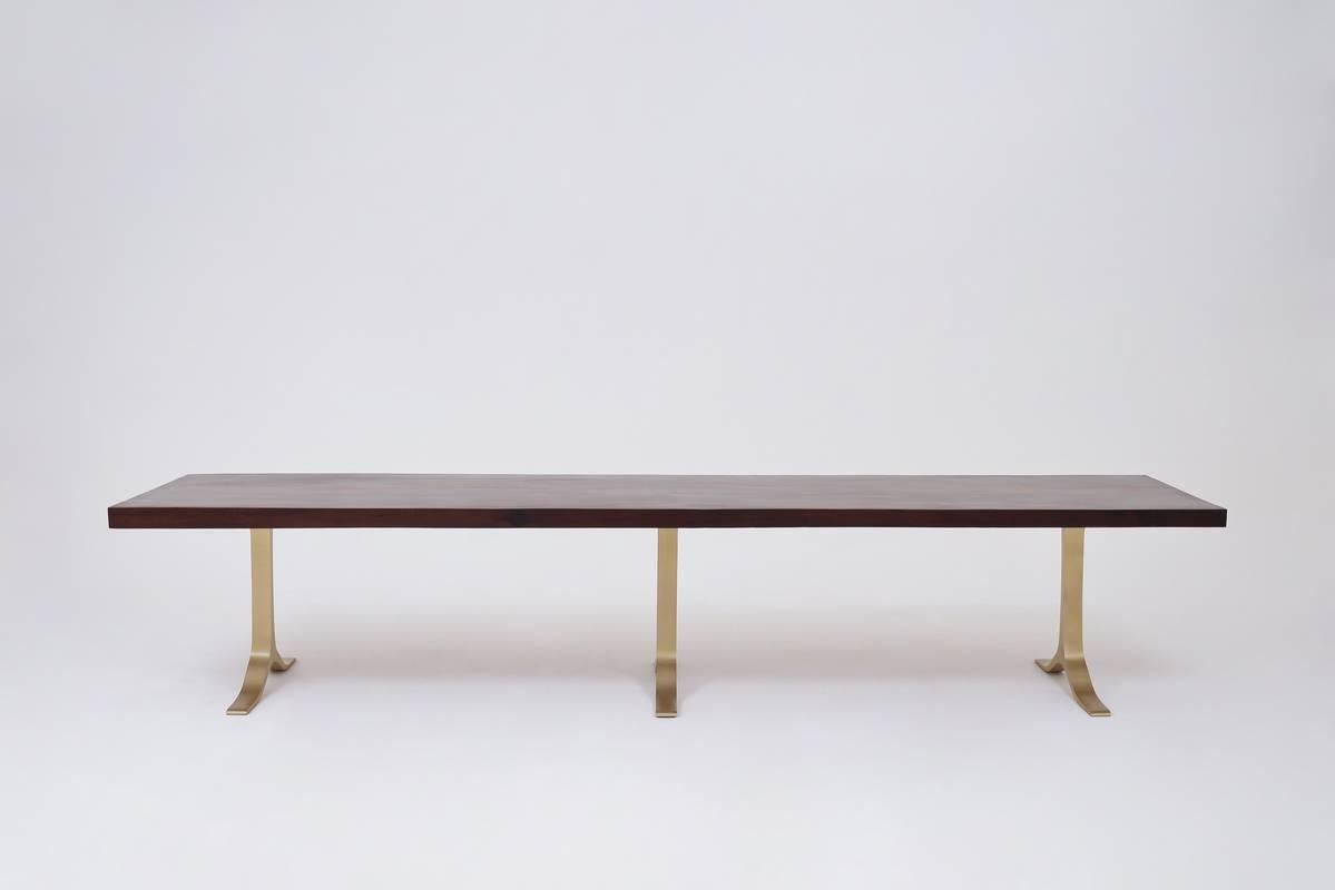 Minimalist Reclaimed Hardwood Table on Sand Cast Brass Base with 10 Chairs by P. Tendercool For Sale