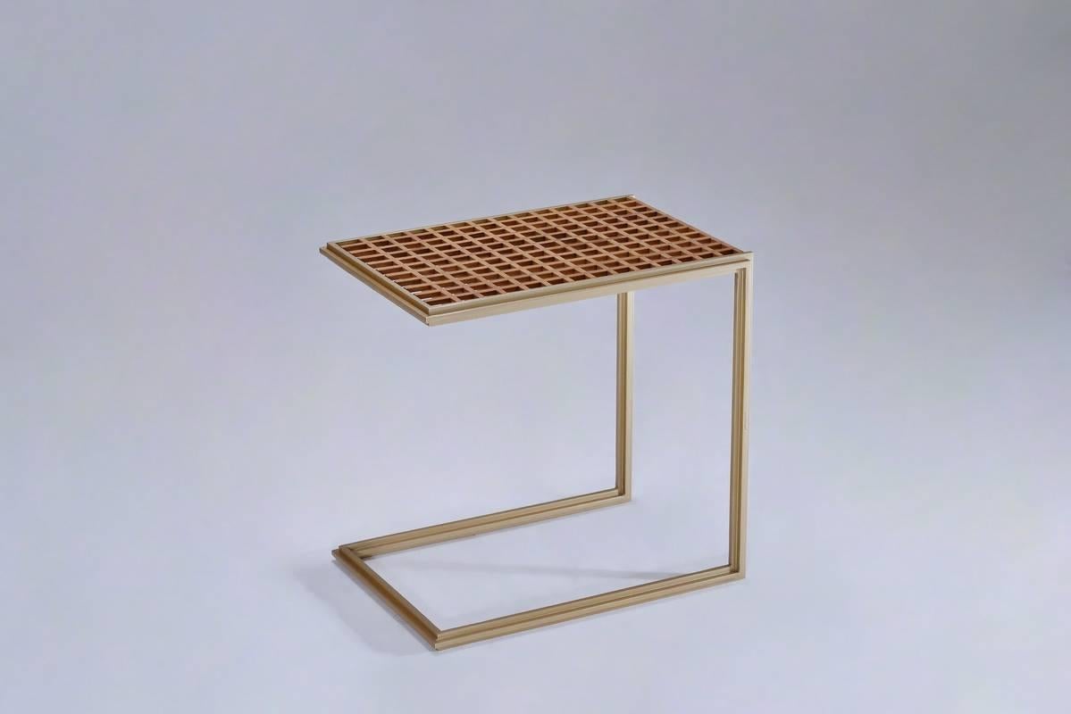 Minimalist Wood and Natural Brass Occasional Outdoor Handmade Table by P.Tendercool For Sale